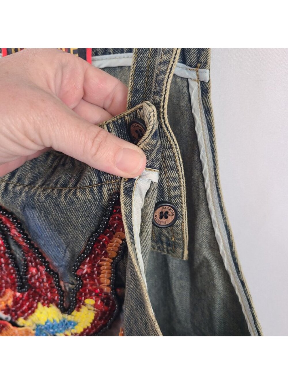 Kitmaple Denim Bib Overalls With Colorful Sequin Dragon Embroidery S-M - Picture 10 of 12